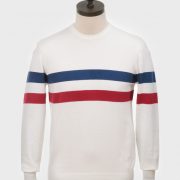 Art Gallery Clothing sixties mod style knitwear SCENE classic Off white, crew neck pullover with blue & red horizontal placed stripes on body front, back & sleeves.