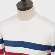 ART GALLERY CLOTHING SIXTIES MOD STYLE KNITWEAR SCENE Off white, crew neck pullover with blue & red horizontal placed stripes on body front, back & sleeves.