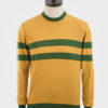 ART GALLERY CLOTHING SIXTIES MOD STYLE KNITWEAR SCENE Mustard, knitted crew neck pullover with isle green horizontal placed stripes on body front, back & sleeves & isle green contrast neck, cuffs & waistband.