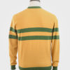 ART GALLERY CLOTHING SIXTIES MOD STYLE KNITWEAR SCENE Mustard, knitted crew neck pullover with isle green horizontal placed stripes on body front, back & sleeves & isle green contrast neck, cuffs & waistband.