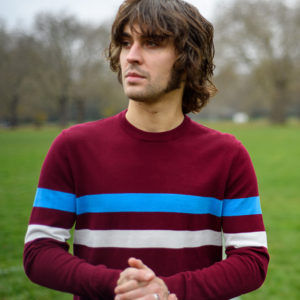ART GALLERY CLOTHING SIXTIES MOD STYLE KNITWEAR SCENE Wine, crew neck pullover with ibiza blue & off white horizontal placed stripes on body front, back & sleeves.
