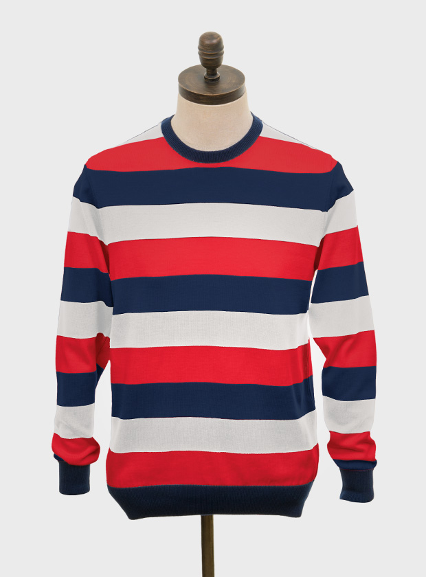 ART GALLERY CLOTHING SIXTIES MOD RETRO IVY STYLE KNITWEAR TALMY Red, knitted crew neck pullover with navy blue, red & off white horizontal stripes on body front, back & sleeves. Contrast navy blue neck, cuffs & waistband rib.