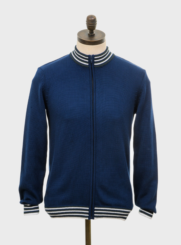 ART GALLERY CLOTHING SIXTIES MOD RETRO IVY STYLE KNITWEAR HOLMES Navy blue, zip through funnel neck cardigan with deep forest green navy blue & off white striped neck, cuffs & waistband. 7 gauge medium weight retro style knitwear. The 'ROE' funnel neck cardigan is a classic mod knit with a retro football training top look.