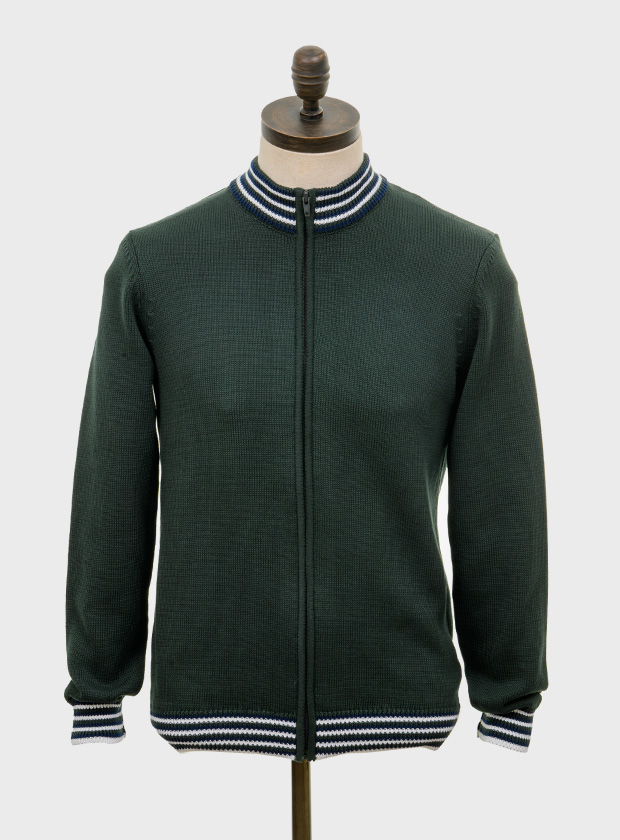 ART GALLERY CLOTHING SIXTIES MOD RETRO IVY STYLE KNITWEAR HOLMES Deep forest green, zip through funnel neck cardigan with navy blue, deep forest green & off white striped neck, cuffs & waistband. 7 gauge medium weight retro style knitwear.