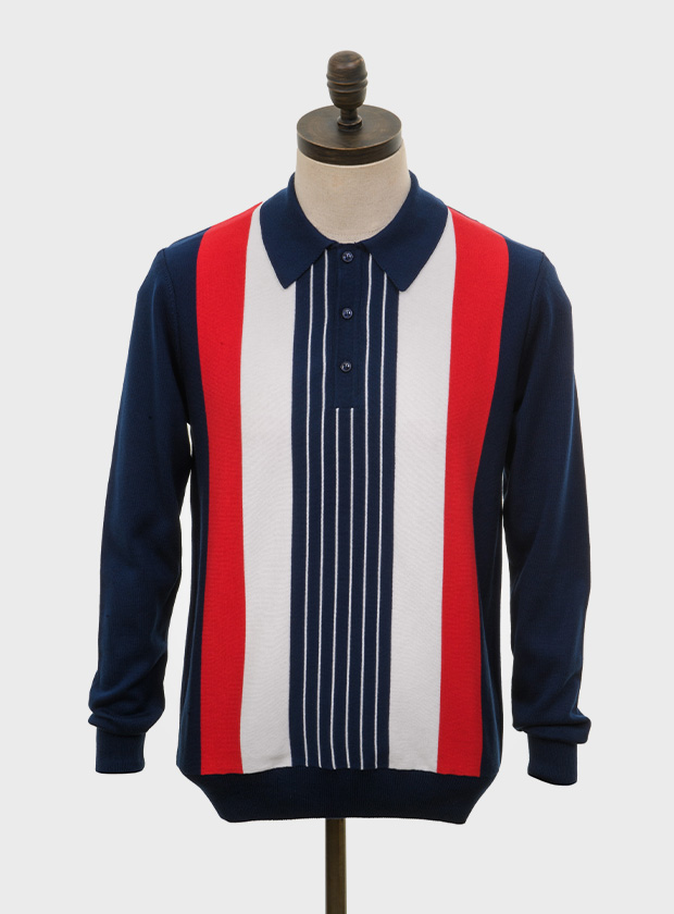 ART GALLERY CLOTHING SIXTIES MOD RETRO IVY STYLE KNITWEAR RAFFERTY Navy blue, long sleeved, three buttoned knitted polo shirt with red & off white vertical stripes. Fine gauge, retro style knitwear.