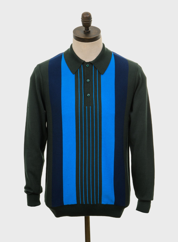 ART GALLERY CLOTHING SIXTIES MOD RETRO IVY STYLE KNITWEAR RAFFERTY Deep forest green, long sleeved, three buttoned knitted polo shirt with navy blue & ibiza blue vertical stripes. Fine gauge, retro style knitwear.