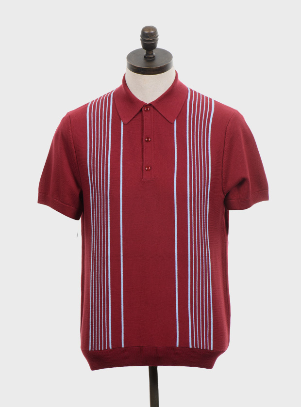 ART GALLERY CLOTHING SIXTIES MOD RETRO IVY STYLE FINE GAUGE KNITWEAR Wine, short sleeved, knitted polo shirt with sky blue vertical multi stripes. Fine gauge, retro style knitwear.