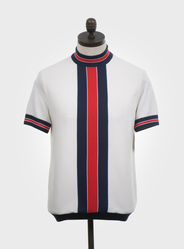 ART GALLERY CLOTHING SIXTIES MOD RETRO IVY STYLE FINE GAUGE KNITWEAR Off White, short sleeved, knitted turtleneck t shirt with navy blue & red vertical colour blocking. Fine gauge, retro style knitwear.