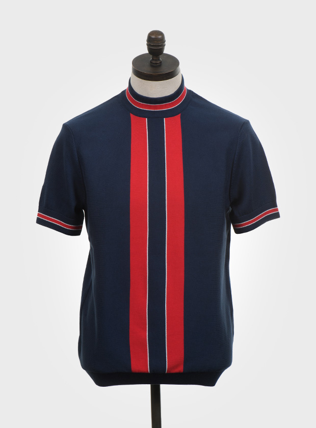 ART GALLERY CLOTHING SIXTIES MOD RETRO IVY STYLE FINE GAUGE KNITWEAR Navy blue, short sleeved, knitted turtleneck t shirt with red & off white vertical colour blocking. Fine gauge, retro style knitwear.
