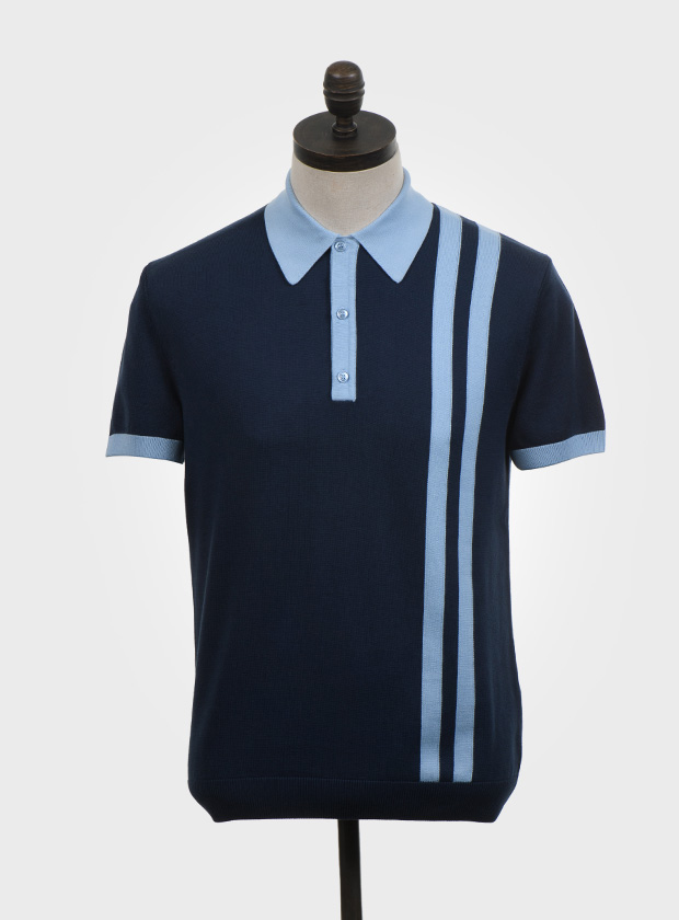 ART GALLERY CLOTHING SIXTIES MOD RETRO IVY STYLE FINE GAUGE KNITWEAR Navy blue, short sleeved, knitted polo shirt with sky blue twin racing stripes. Sky blue contrast collar & cuffs. Fine gauge, retro style knitwear.