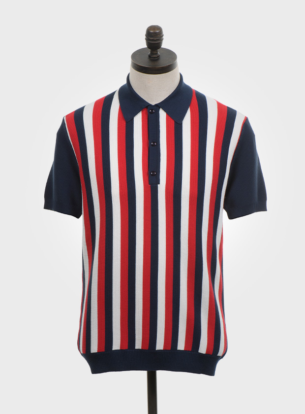 ART GALLERY CLOTHING SIXTIES MOD RETRO ROCKABILLY FIFTIES ROCK N ROLL IVY STYLE MODCULTURE MOD STYLE MOD TOPS SUBCULTURE VINTAGE STYLE FINE GAUGE KNITWEAR Navy blue, short sleeved, knitted polo shirt with off white, navy blue & red vertical multi stripes. Fine gauge, retro style knitwear.
