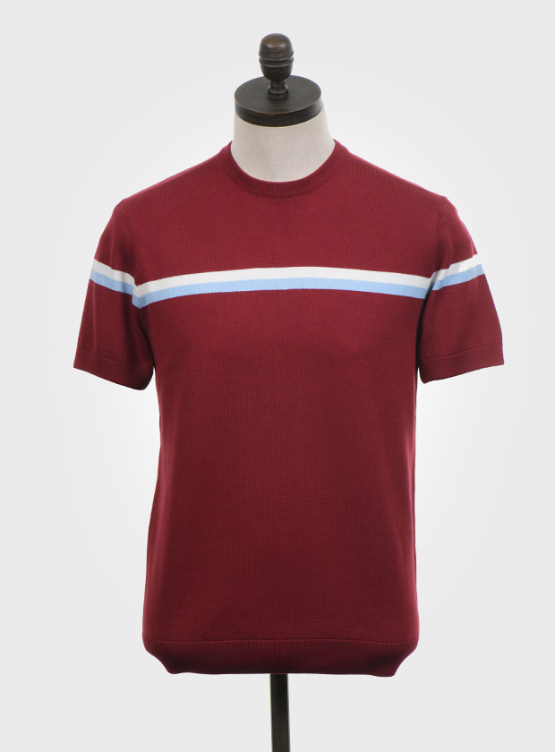 ART GALLERY CLOTHING SIXTIES MOD RETRO IVY STYLE FINE GAUGE KNITWEAR Wine, short sleeved, knitted t shirt with off white & sky blue horizontal stripes. Fine gauge, retro style knitwear.