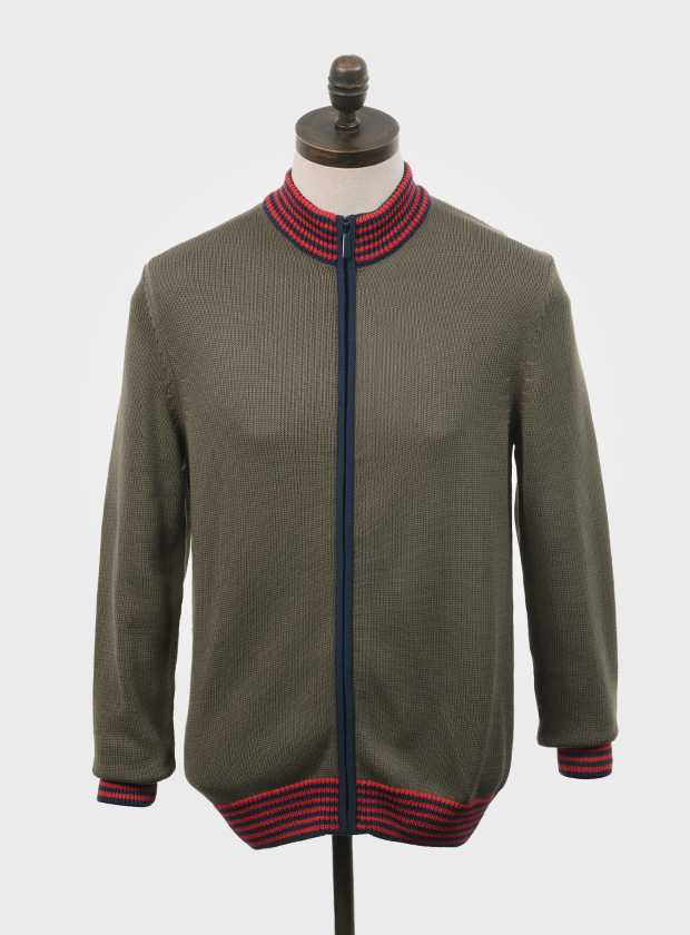 ART GALLERY CLOTHING SIXTIES MOD RETRO ROCKABILLY FIFTIES ROCK N ROLL IVY STYLE MODCULTURE MOD STYLE MOD TOPS SUBCULTURE VINTAGE STYLE Ivy green, long sleeved, knitted zip through cardigan with equestrian red tipping on contrast navy blue neck, cuffs and waistband ribs. 7 gauge medium weight, retro style